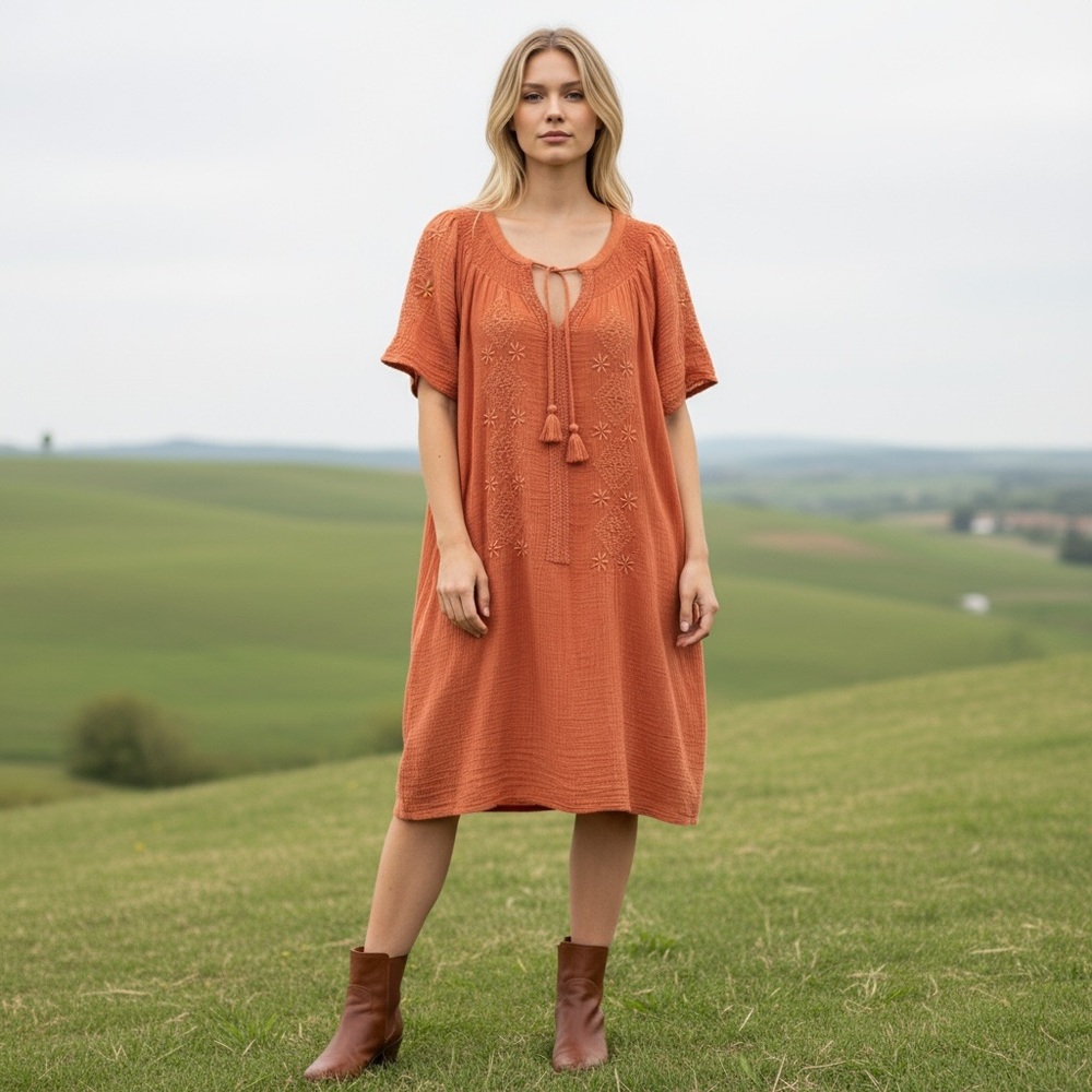 Lucky Brand Cotton Embroidered V-Neck Short Sleeve Midi‎ Shirt Dress Woman's S